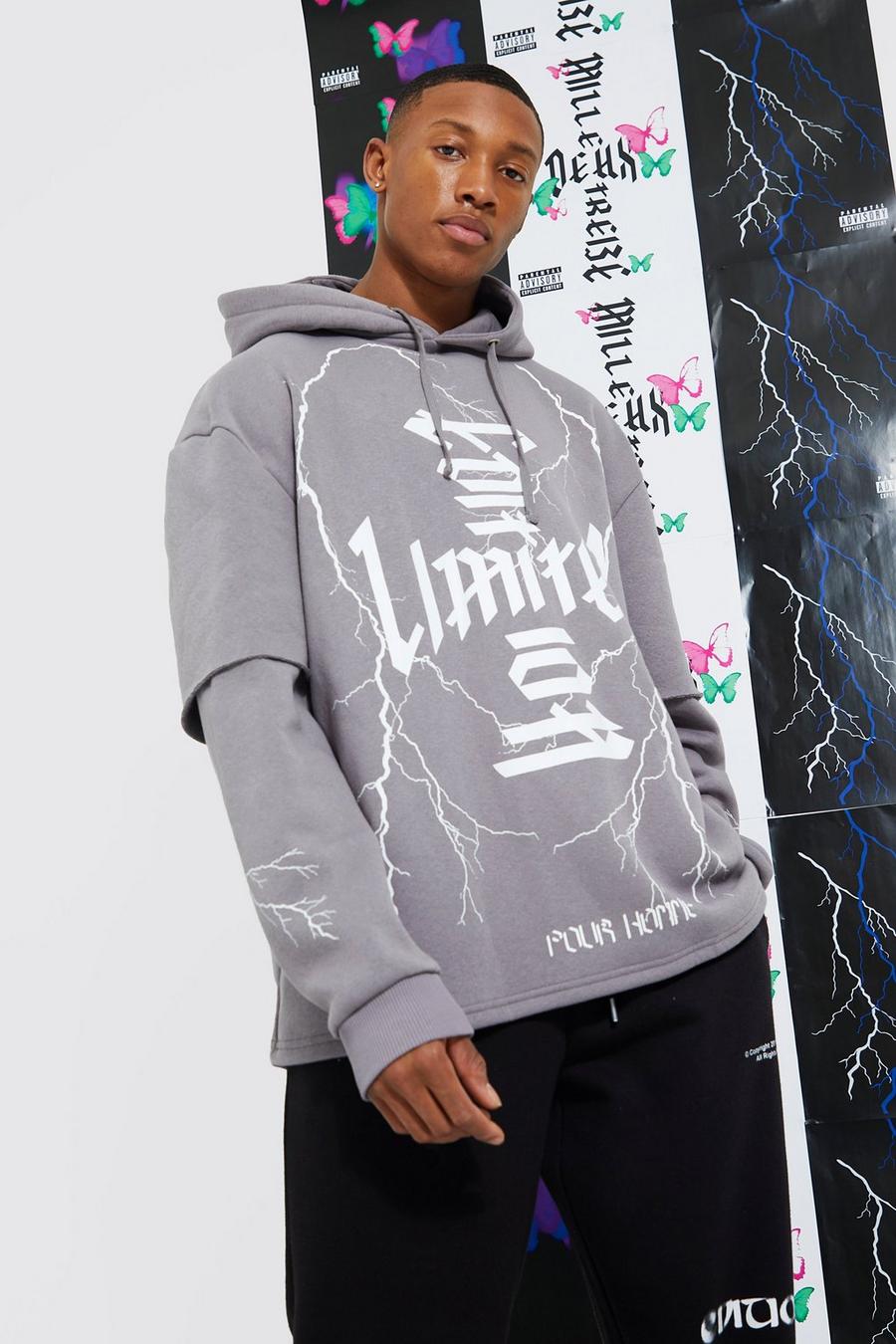Charcoal Oversized Limited Faux Layer Sleeve Hoodie image number 1