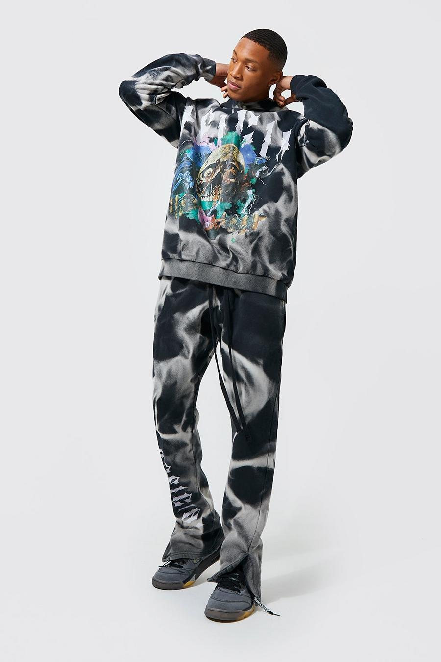 Charcoal Oversized Tie Dye Skull Graphic Tracksuit image number 1