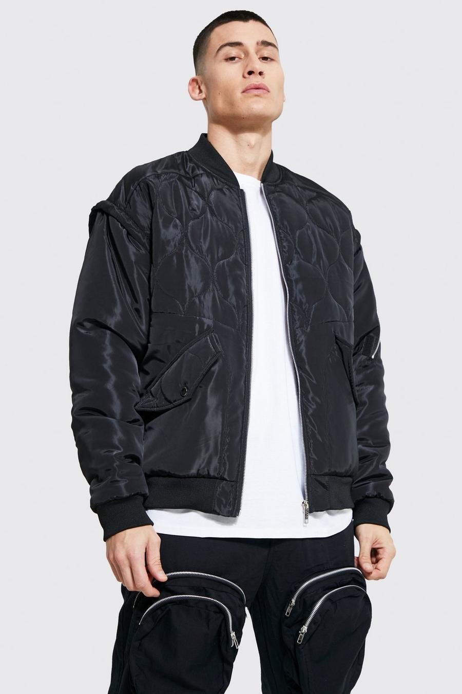 Black Quilted Chest Panel Nylon Bomber image number 1