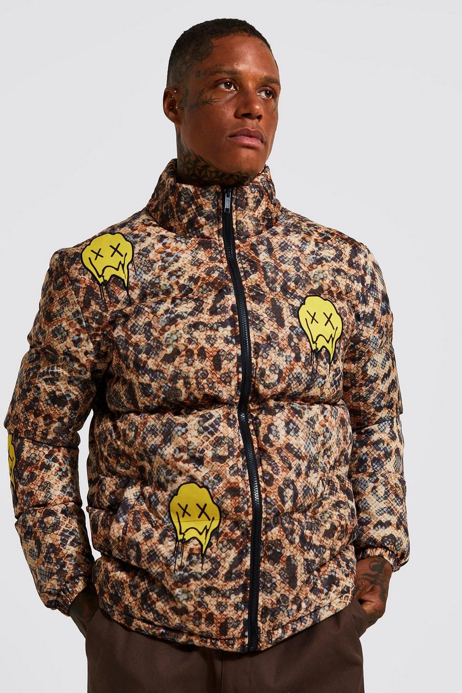 Brown brun Animal Funnel Neck Puffer With Face Badges