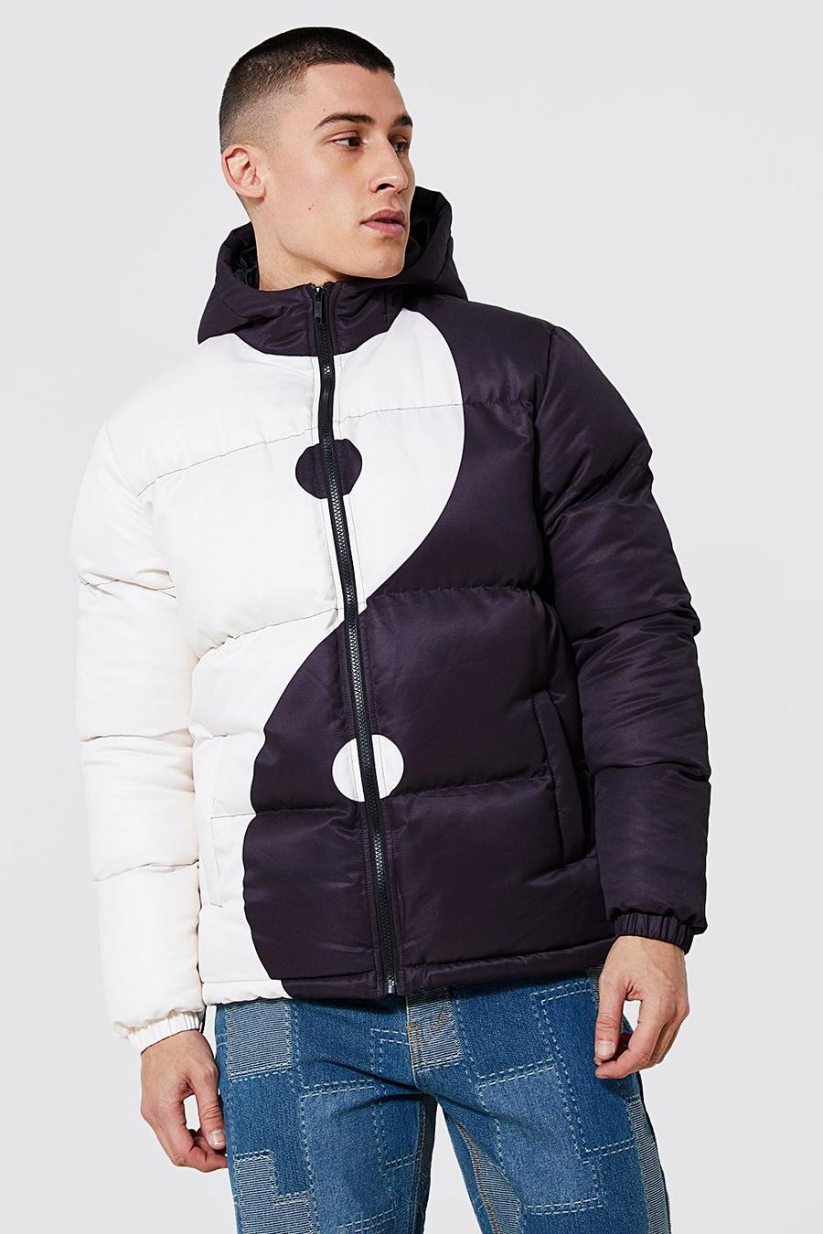 Black Yin Yang Printted Hooded Puffer image number 1