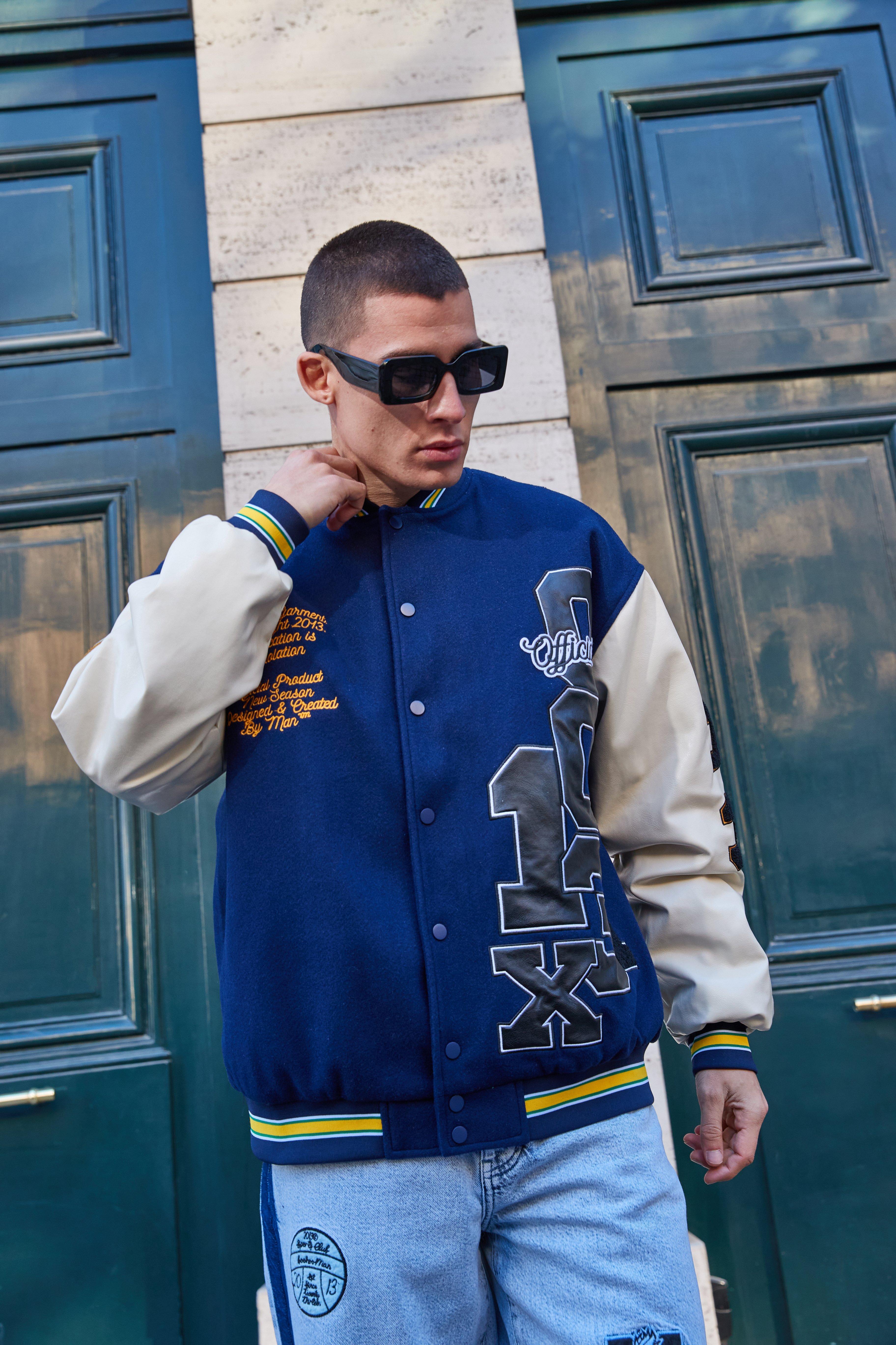 Power Look Navy Blue Back Print Oversize Varsity Jacket