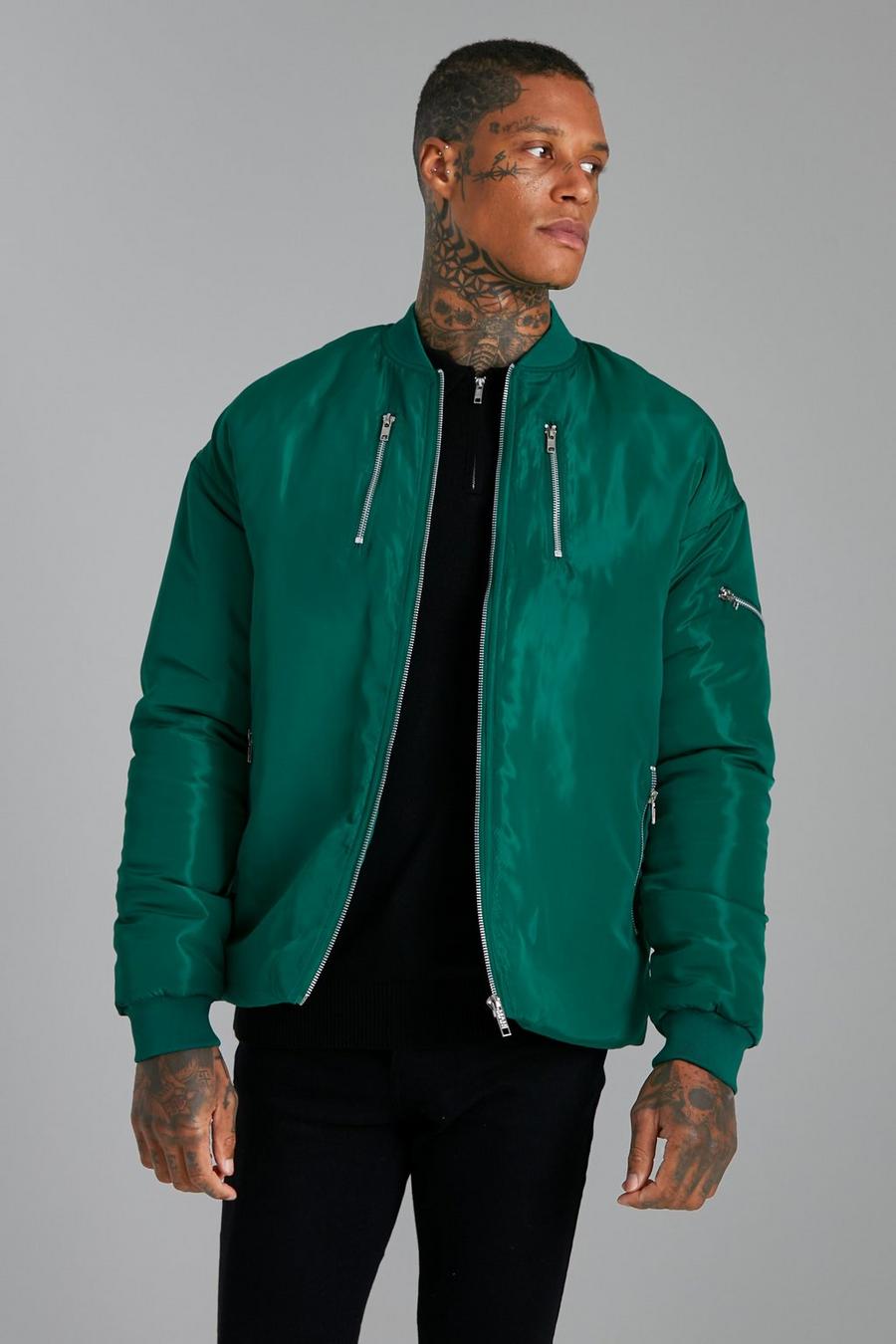 Green Quilted Back Panel Nylon Bomber image number 1