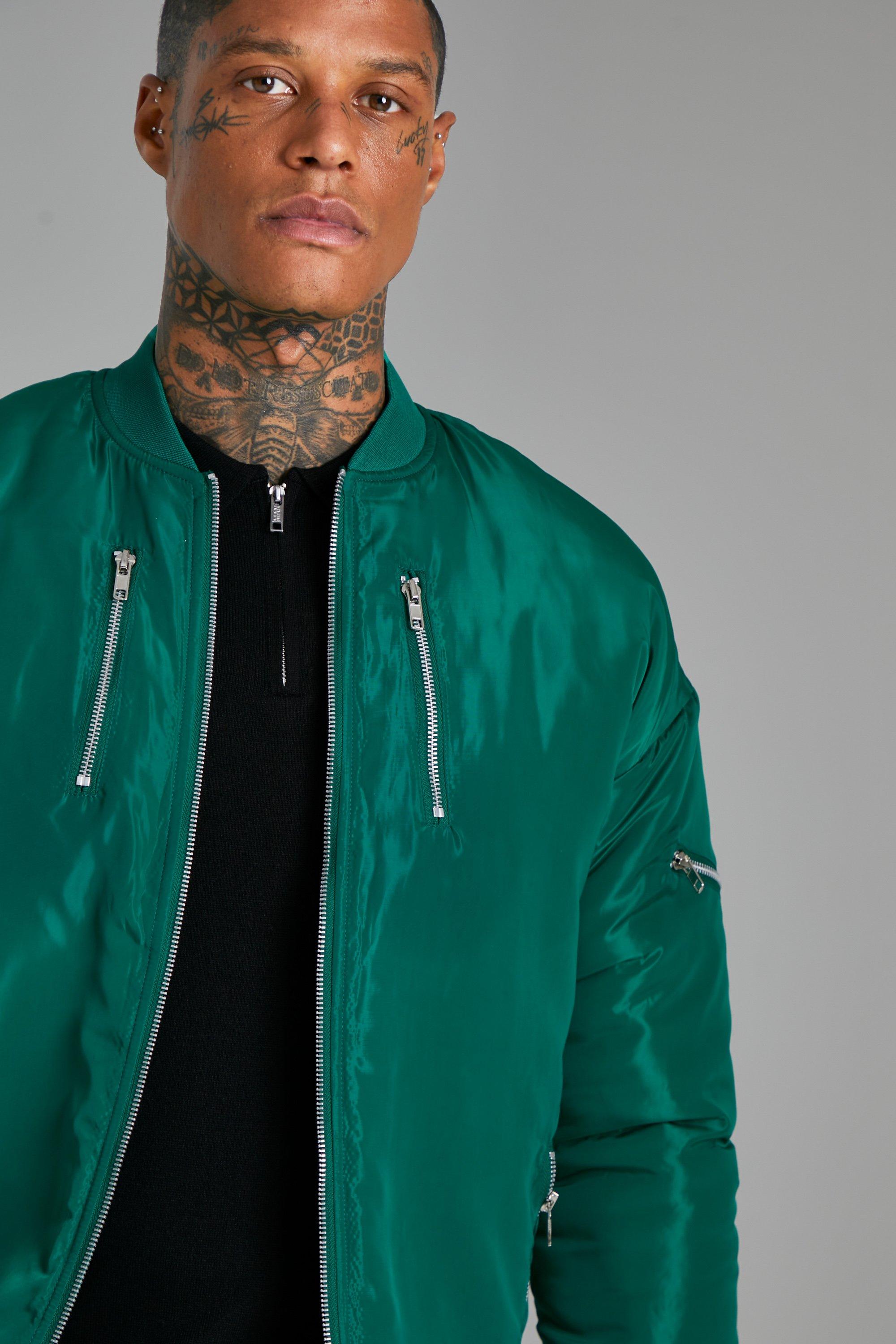 Men's Quilted Back Panel Nylon Bomber | Boohoo UK