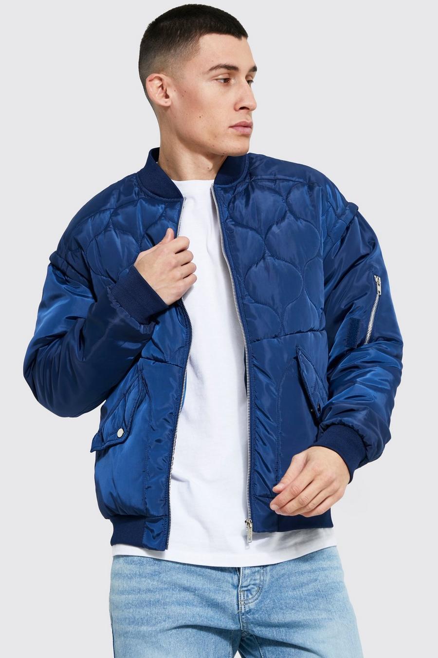 Navy blu oltremare Quilted Chest Panel Nylon Bomber