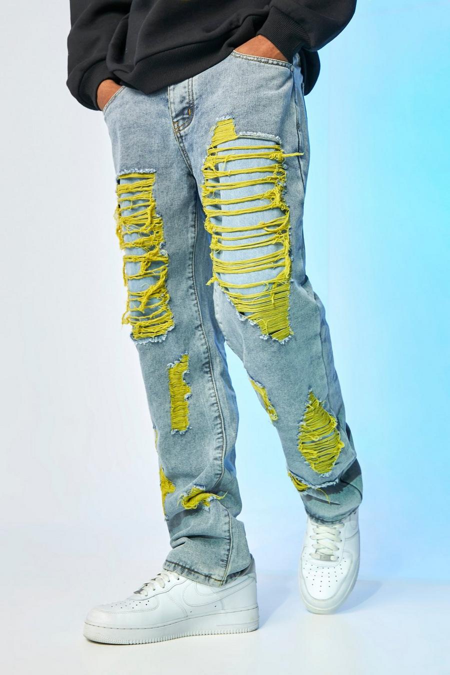 Jeans rilassati a effetto super smagliato con dettagli in giallo, Ice blue image number 1