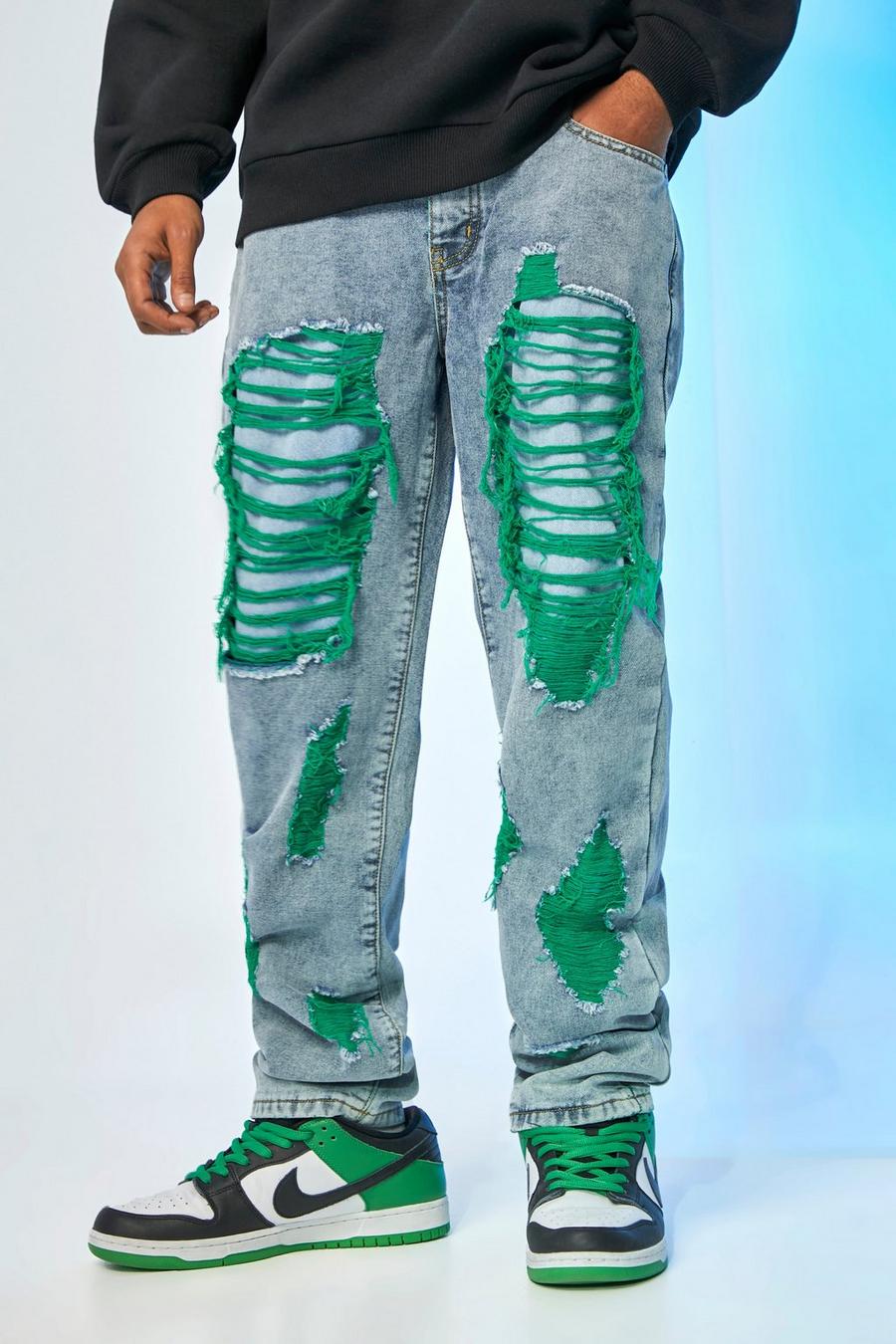 כחול קרח ג'ינס ירוק בגזרה משוחררת עם קרעים נרחבים