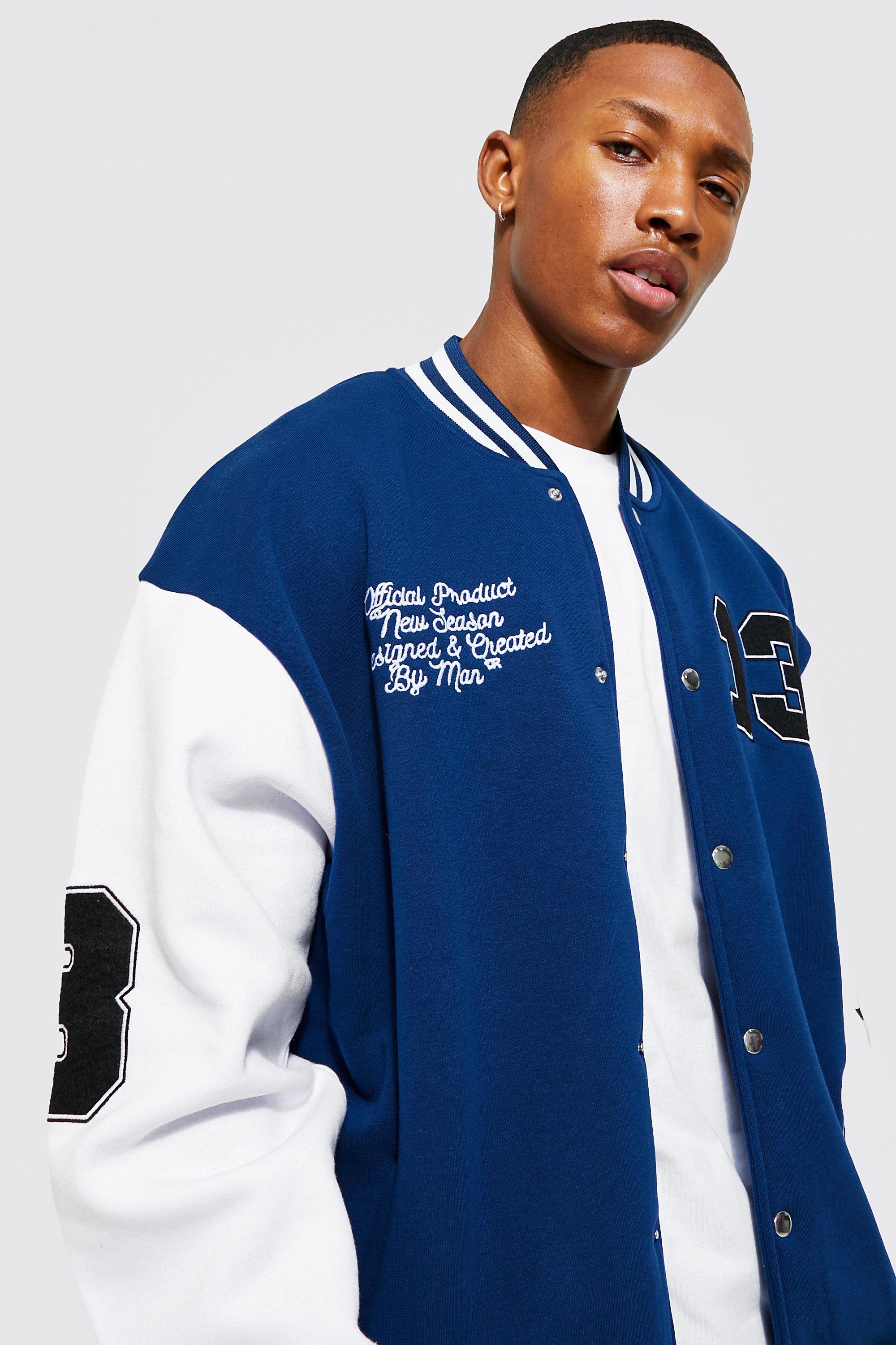 Oversized Badge Jersey Varsity Jacket boohoo