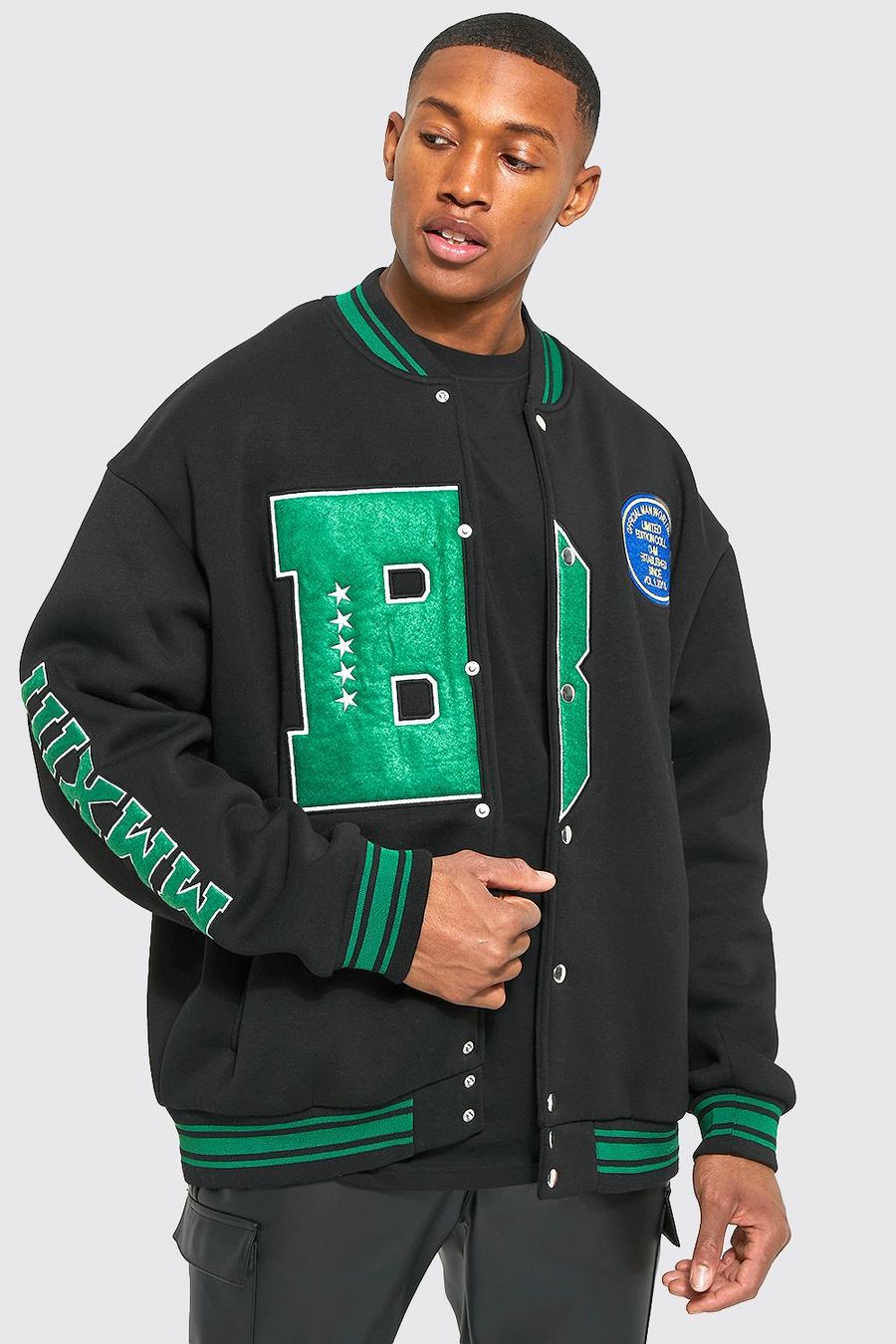 Black Oversized B Applique Jersey  Varsity Jacket image number 1