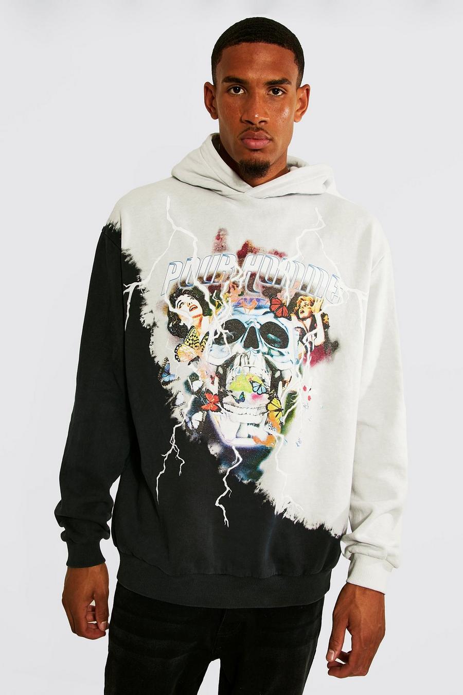 Black Tall Oversized Homme Skull Bleached Hoodie image number 1