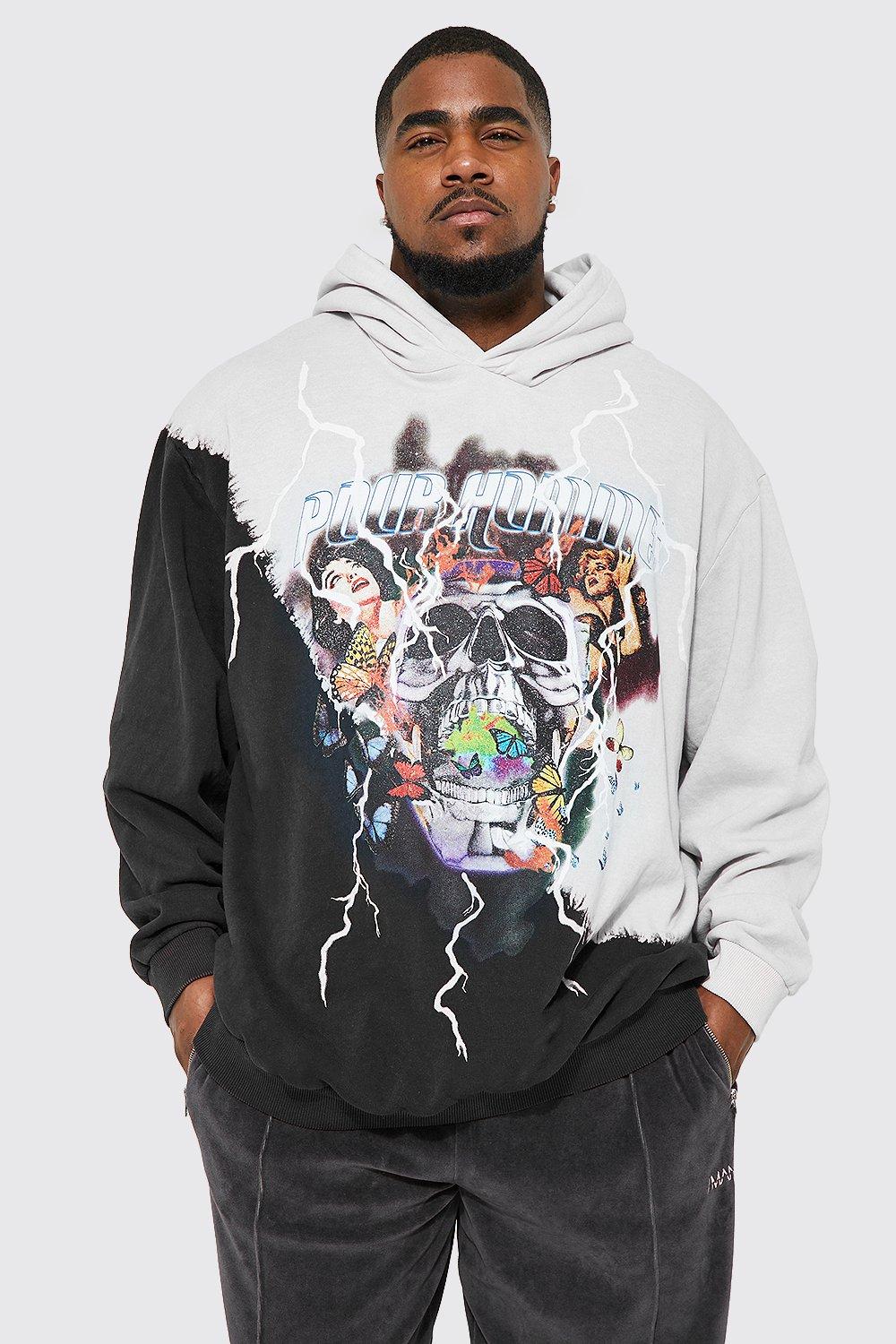 Plus Loose Homme Skull Print Bleached Hoodie boohoo NZ