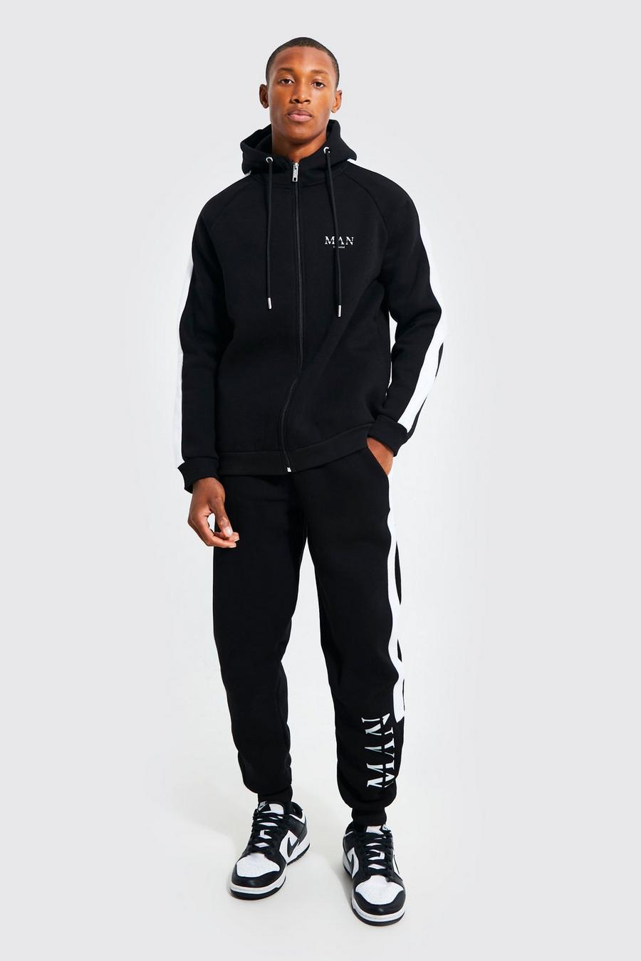 Black Man Roman Zip Hooded Tracksuit With Panels image number 1
