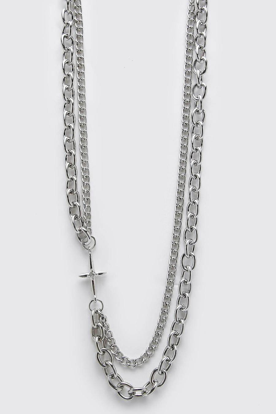 Silver Multi Chain Cross Detail Necklace