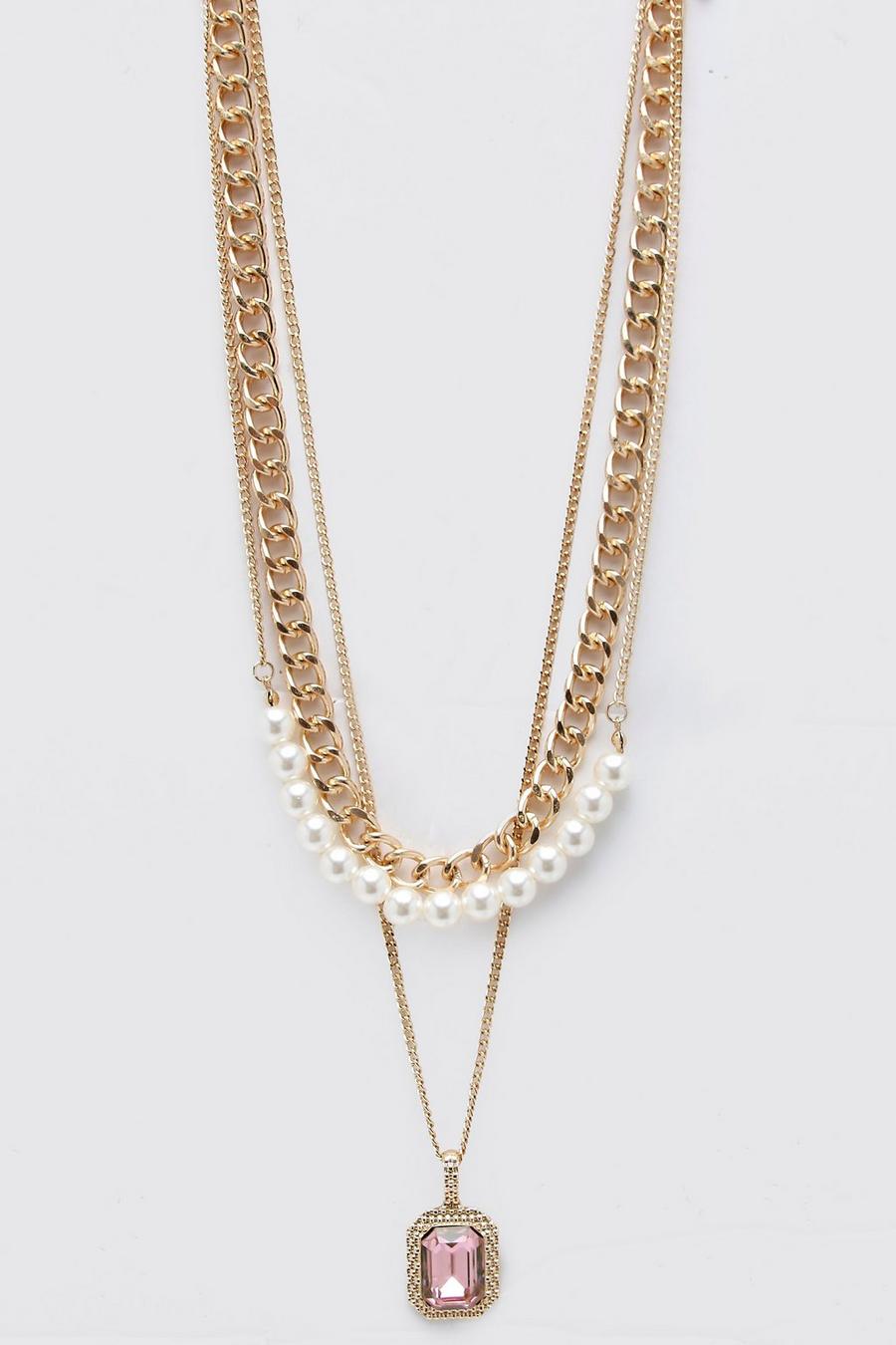 Gold metallic Multi Layered Padlock Pearl Necklace image number 1