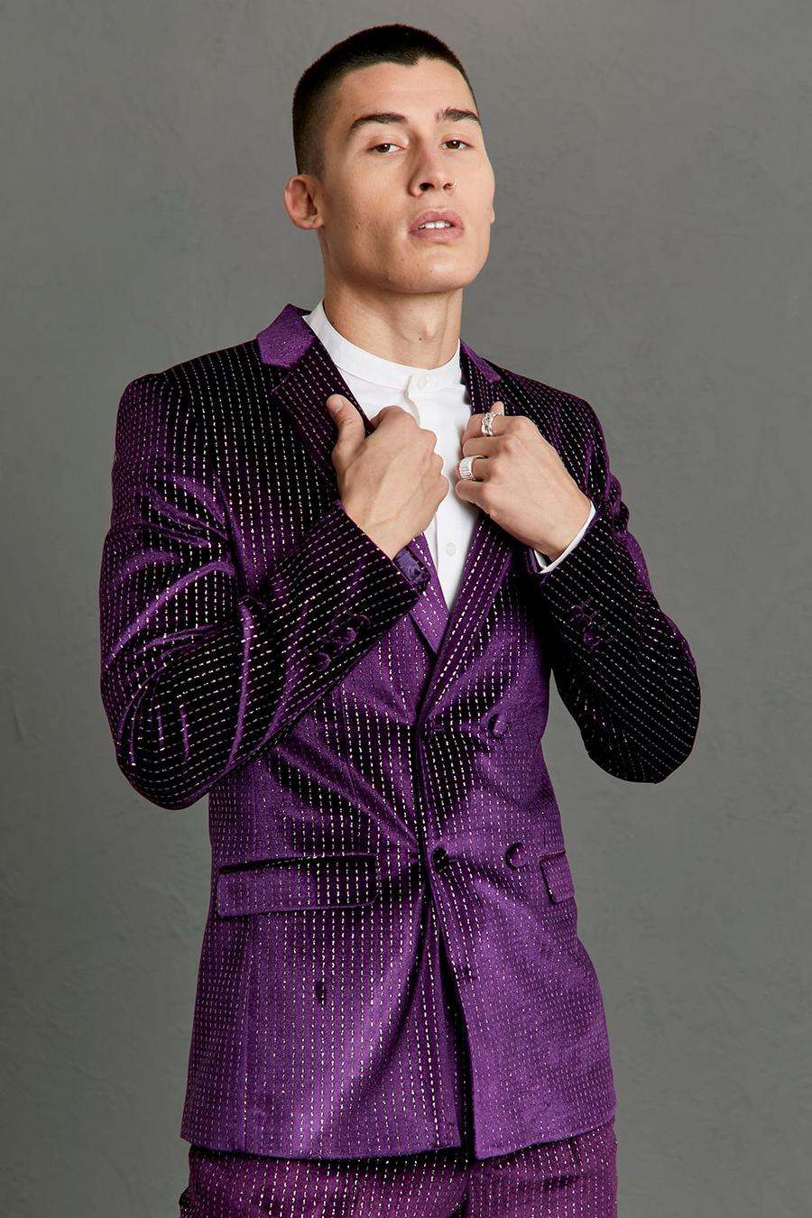 Purple Double Breasted Skinny Diamante Jacket image number 1