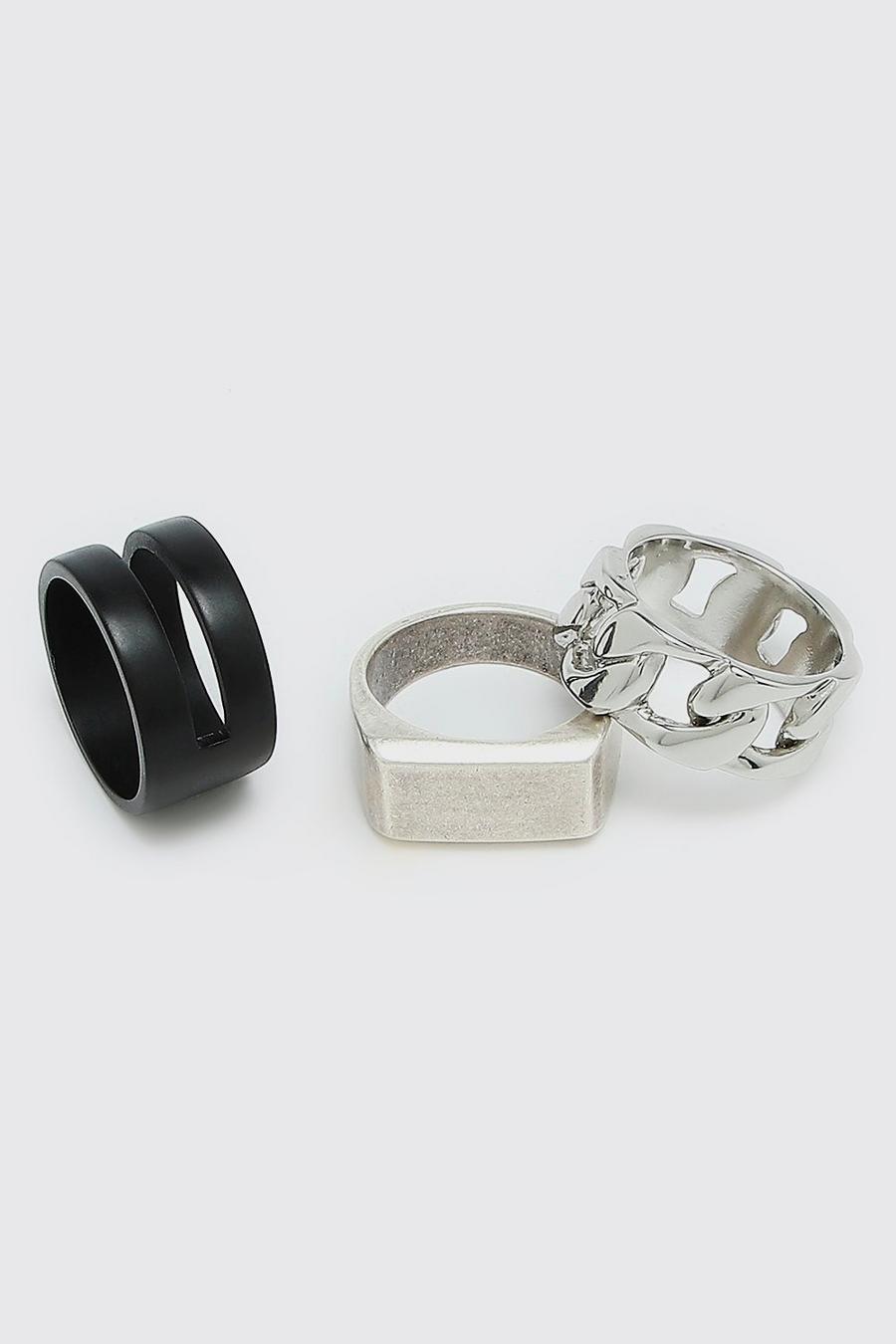 Pack de 3 anillos de cadena y bandas, Silver image number 1