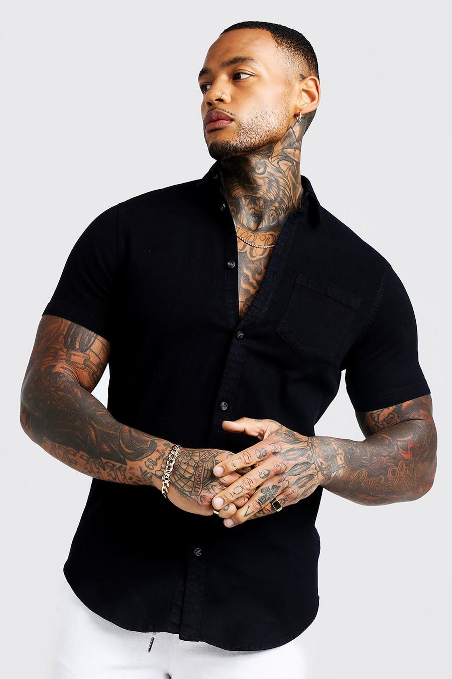 Black negro Short Sleeve Denim Shirt In Muscle Fit