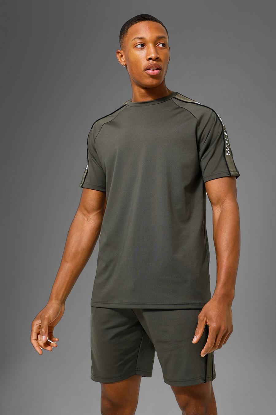 Man Active Gym Performance T-Shirt mit Streifen, Khaki image number 1