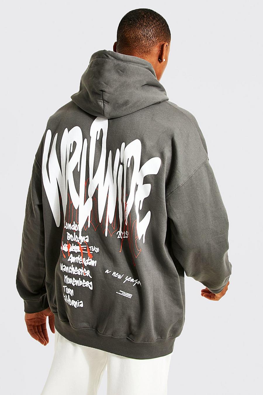 Charcoal Oversized Worldwide Graffiti Graphic Hoodie image number 1