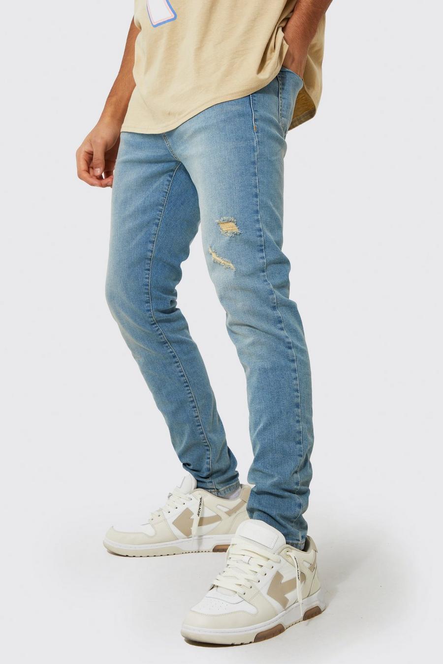 Vintage blue blå Skinny jeans med slitage och stretch image number 1