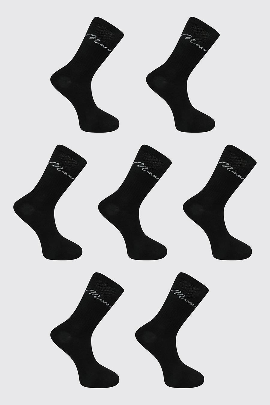 Black svart 7 Pack Man Script Logo Plain Sport Socks image number 1