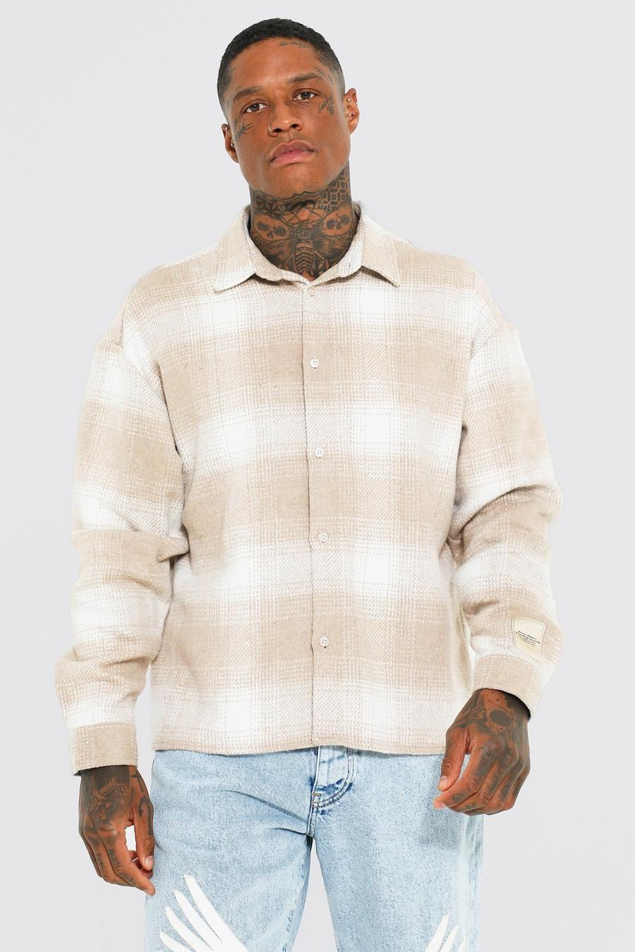 Camicia squadrata oversize a quadri con etichetta, Beige image number 1