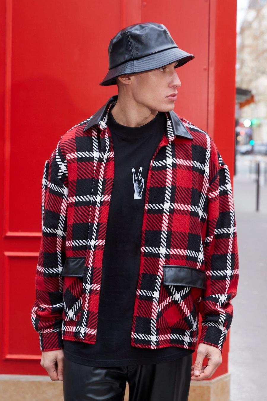 Red Boxy Oversized Check Pu Collar Shirt image number 1