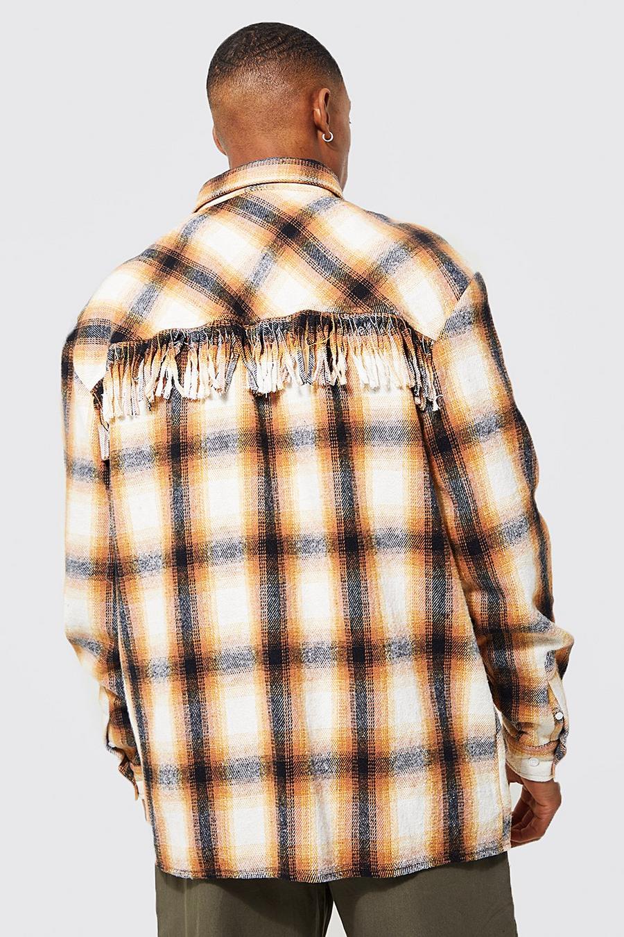 Brown Oversized Check Shirt With Fringing image number 1