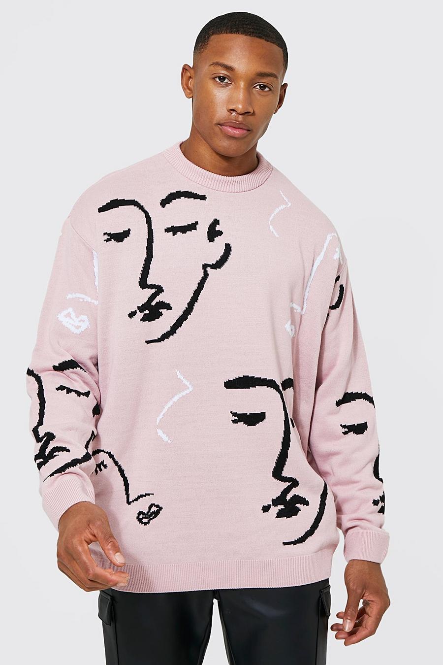 Oversize Rundhals-Pullover mit abstrakten Gesichtern, Pink image number 1