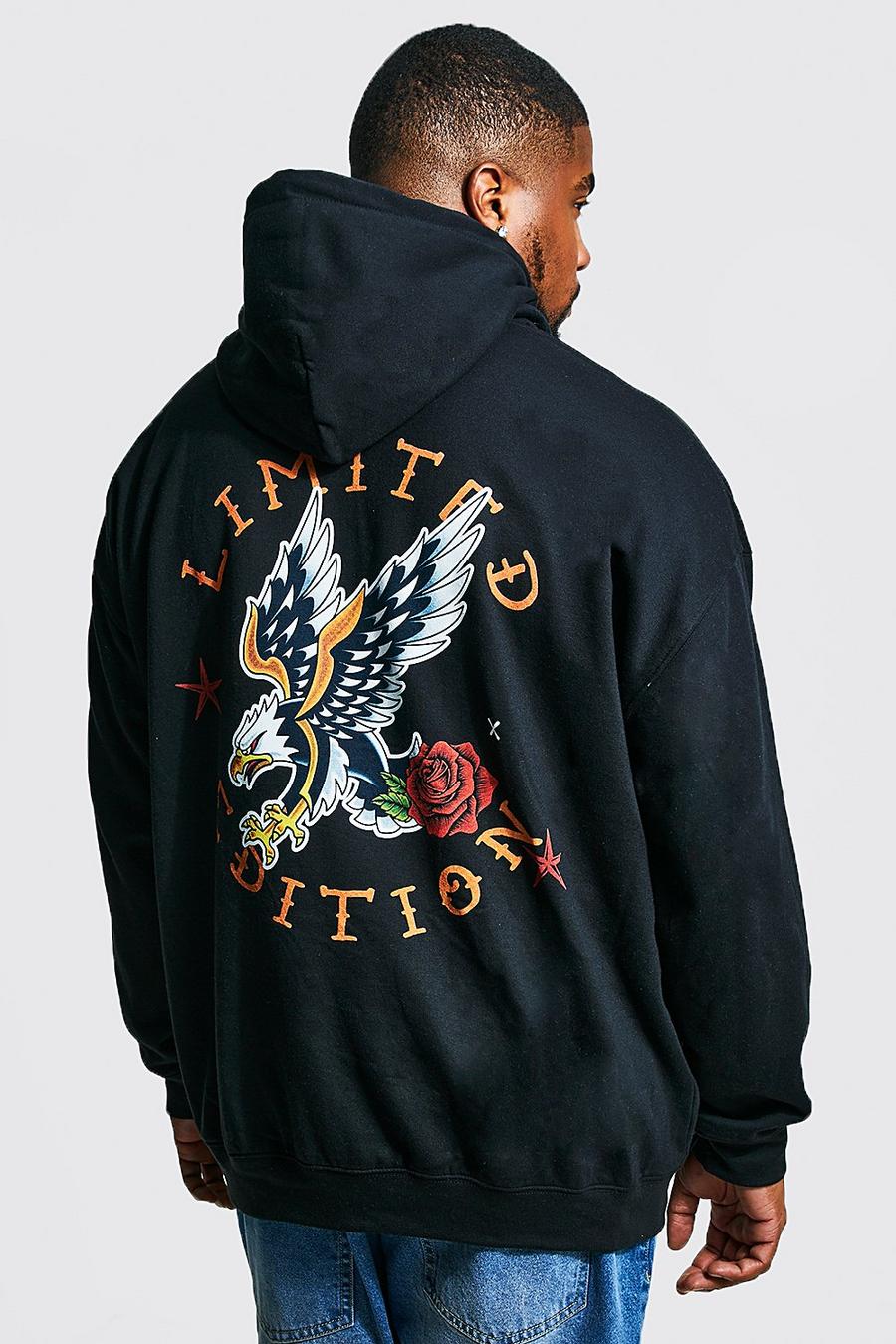 Black Plus Man Eagle Front And Back Print Hoodie