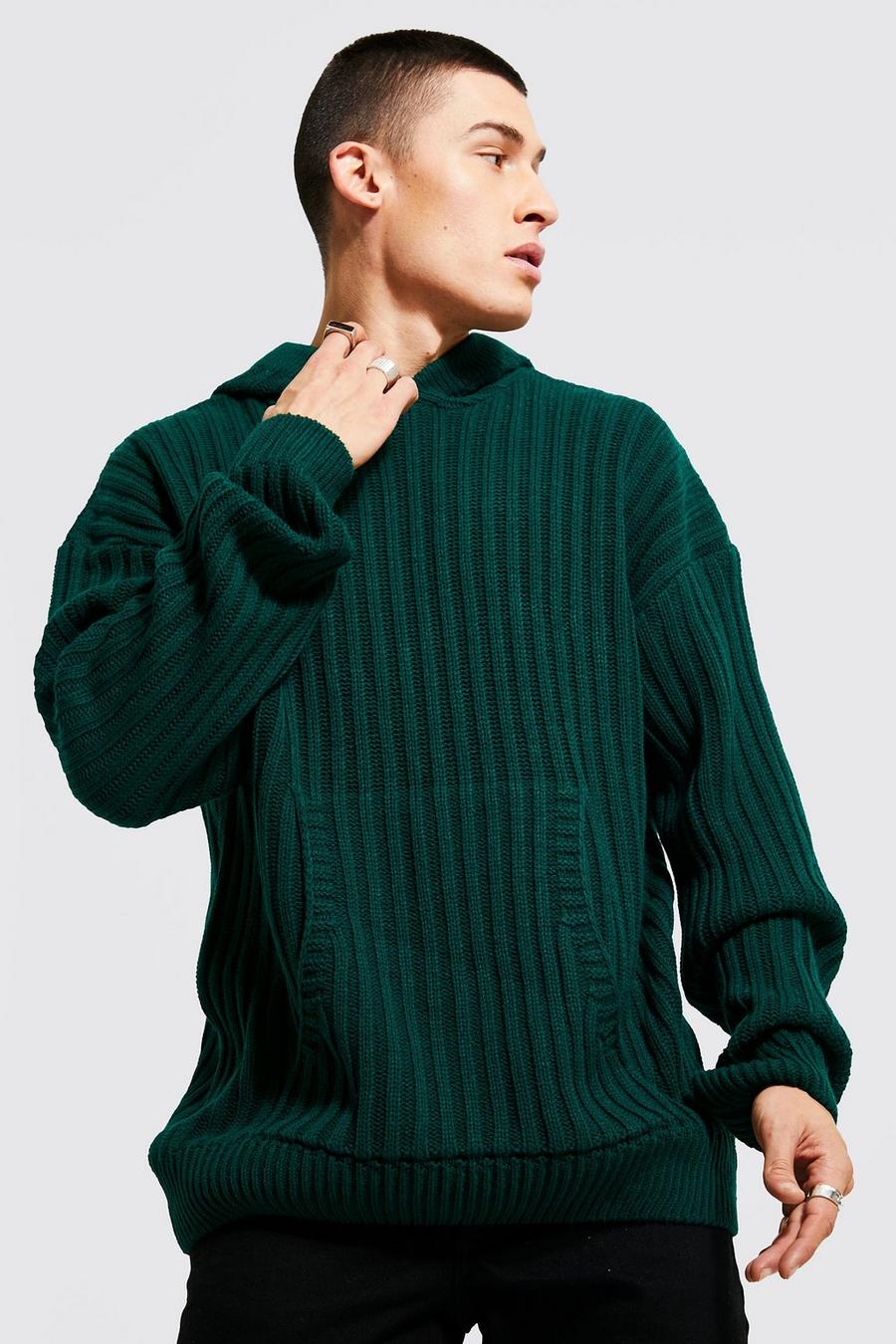 Dark green Oversized Chunky Ribbed Knitted Hoodie image number 1