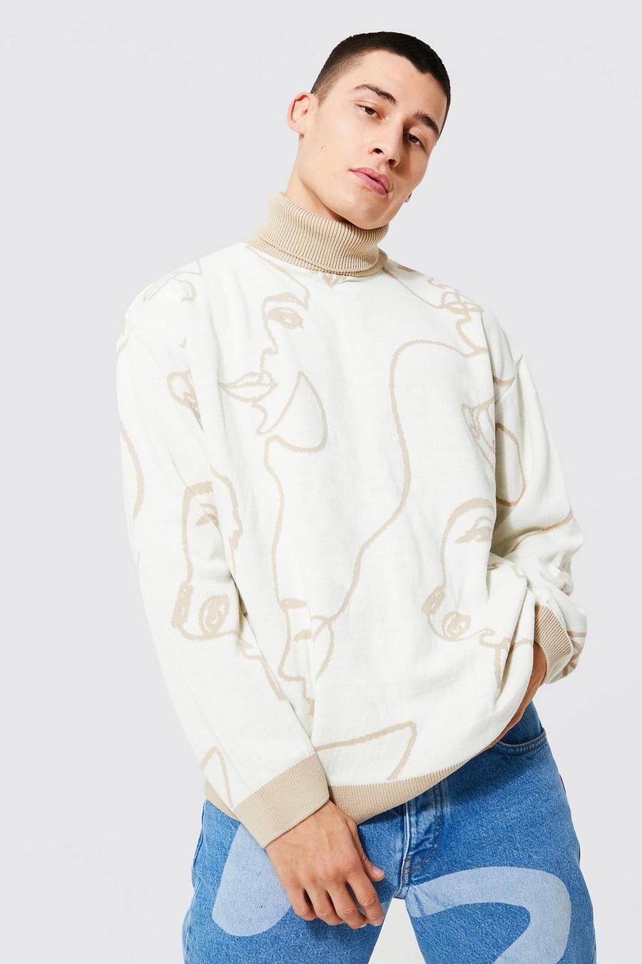Cream Oversized Contrast Roll Neck Drawing Jumper image number 1