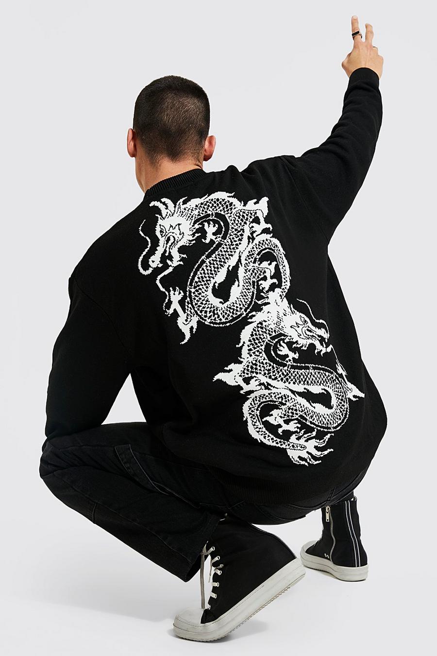 Black Oversized Dragon Back Graphic Knitted Jumper image number 1