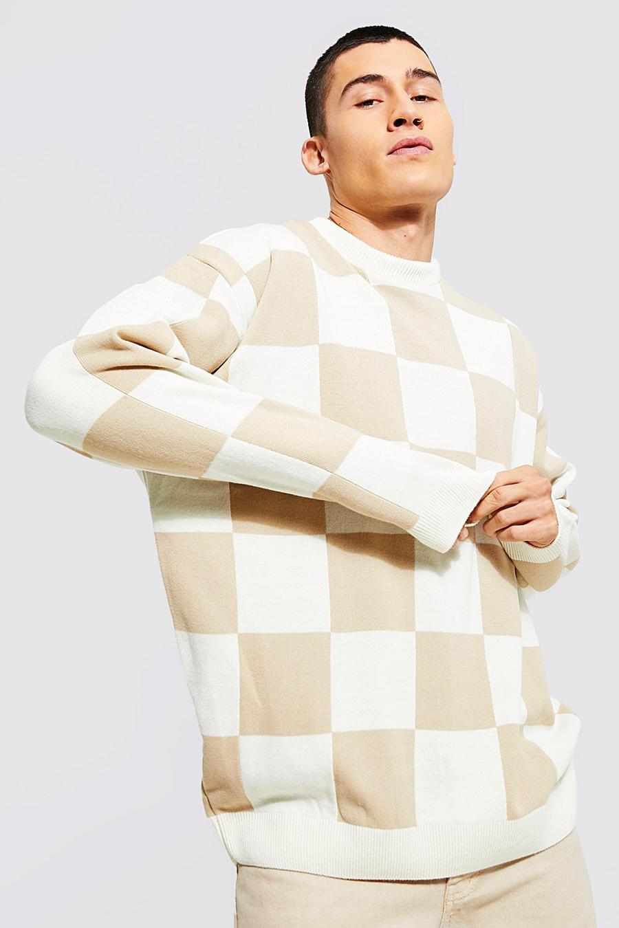 Cream Oversized Checkerboard Knitted Jumper image number 1