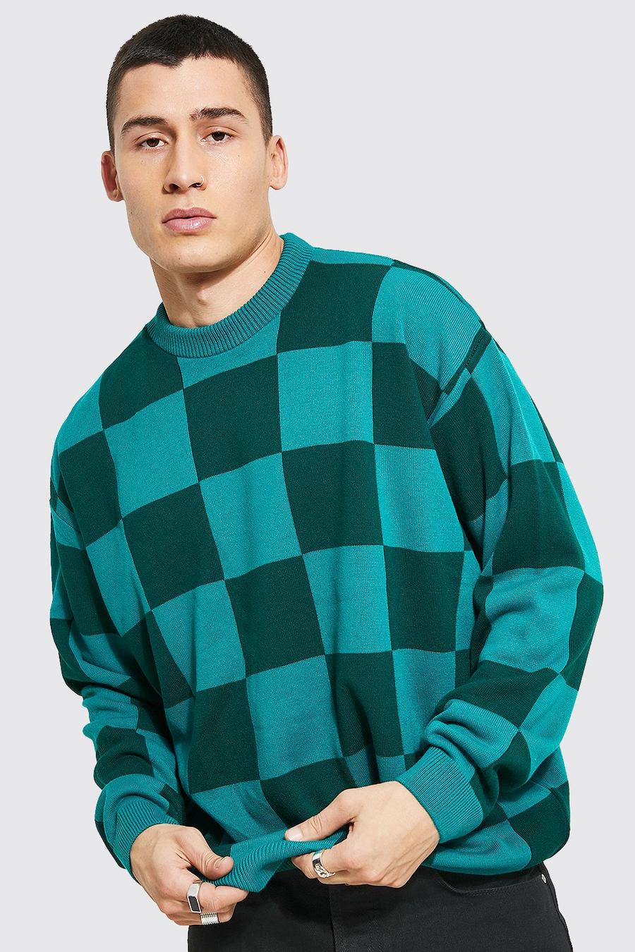 Green Oversized Checkerboard Knitted Jumper image number 1