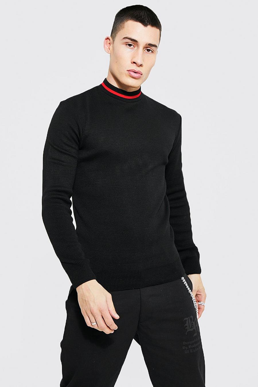 Black Turtle Neck Muscle Fit Jumper With Stripes image number 1