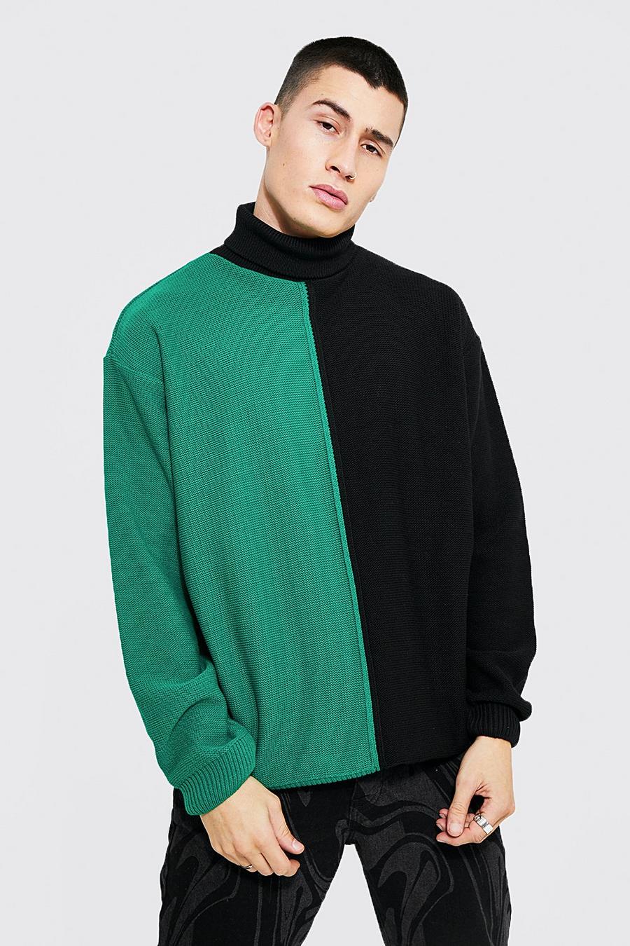 Green Oversized Roll Neck Exposed Seam Jumper image number 1