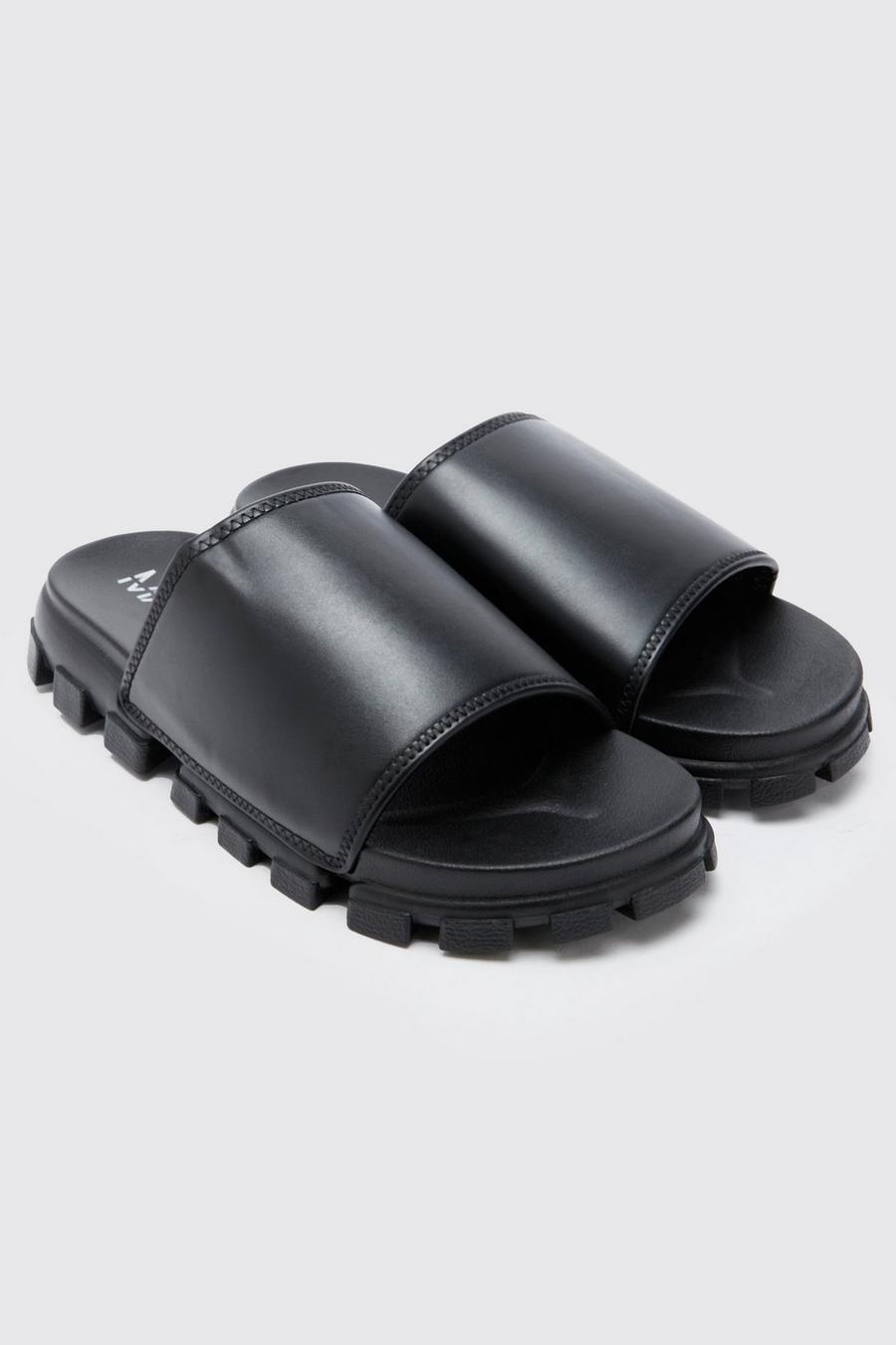 Black Chunky Faux Leather Slider