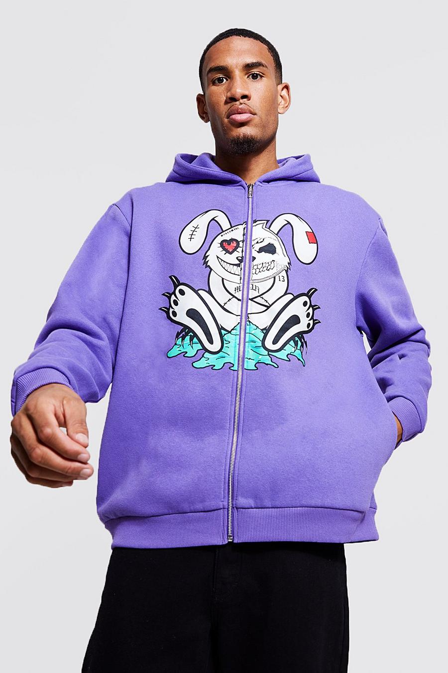 Tall Oversize Hoodie mit Evil Bunny Print und Reißverschluss, Purple image number 1