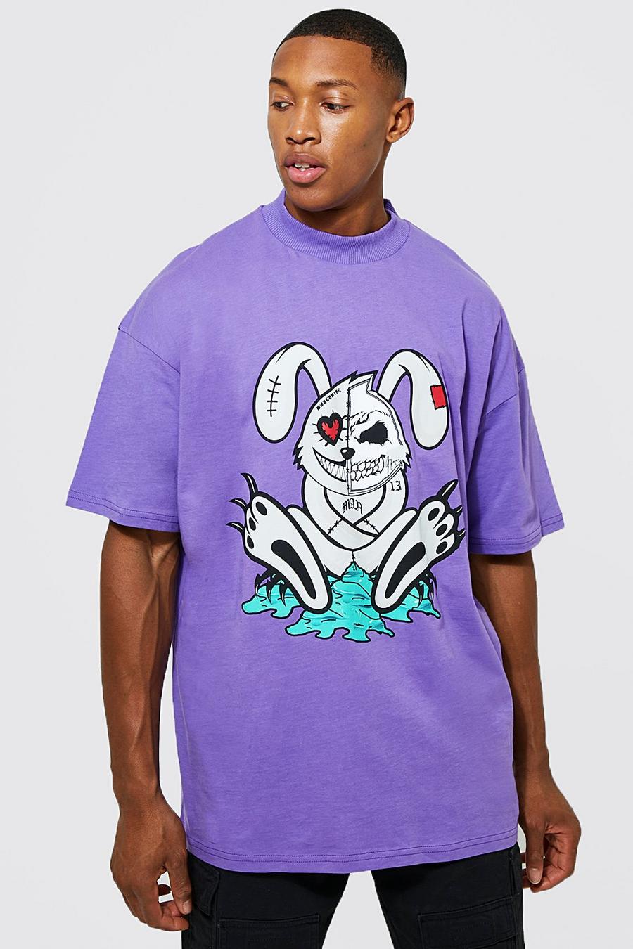Purple Oversized Extended Neck Evil Bunny T-shirt image number 1