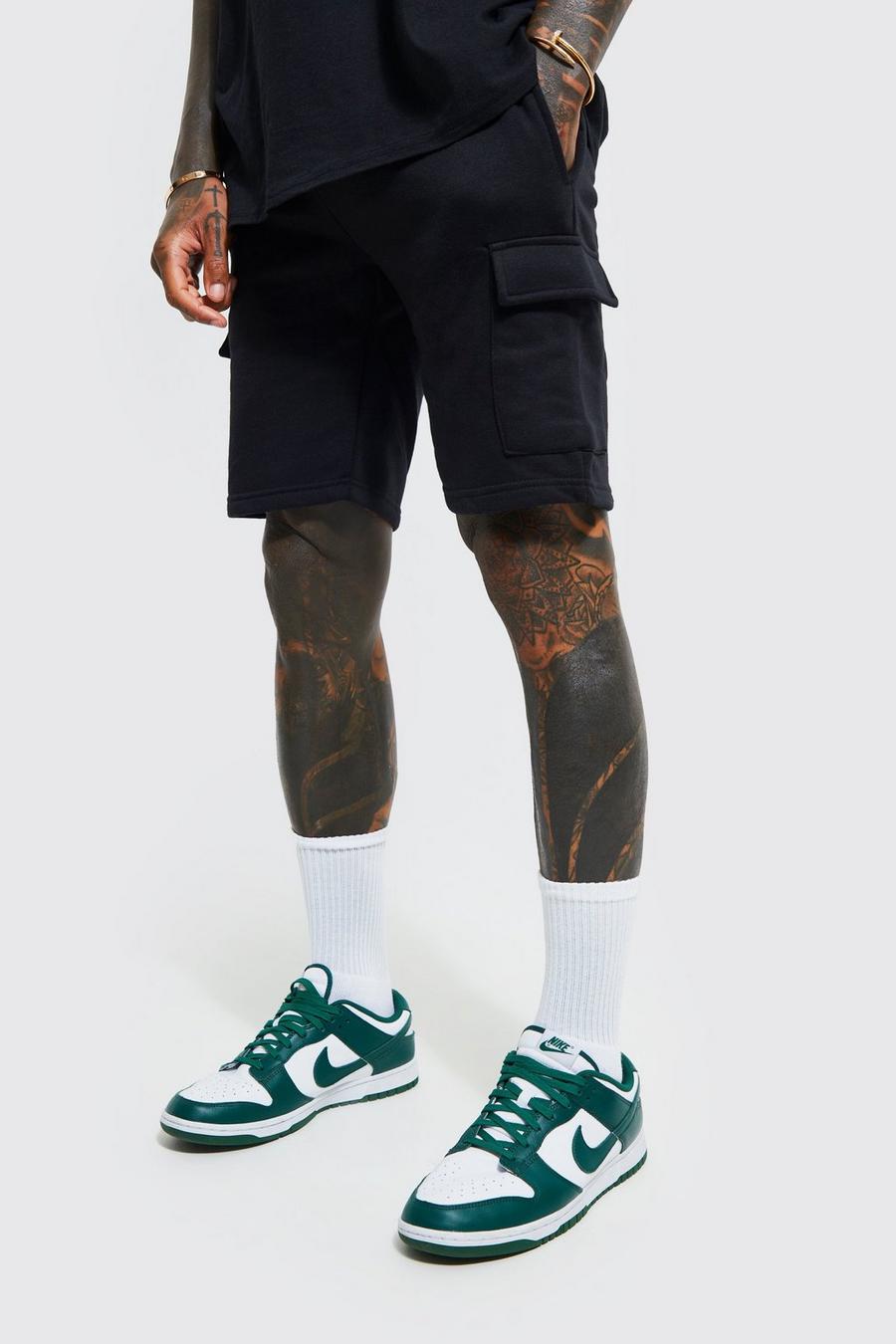 Pantalón corto cargo ajustado de tela jersey con algodón ecológico, Black negro
