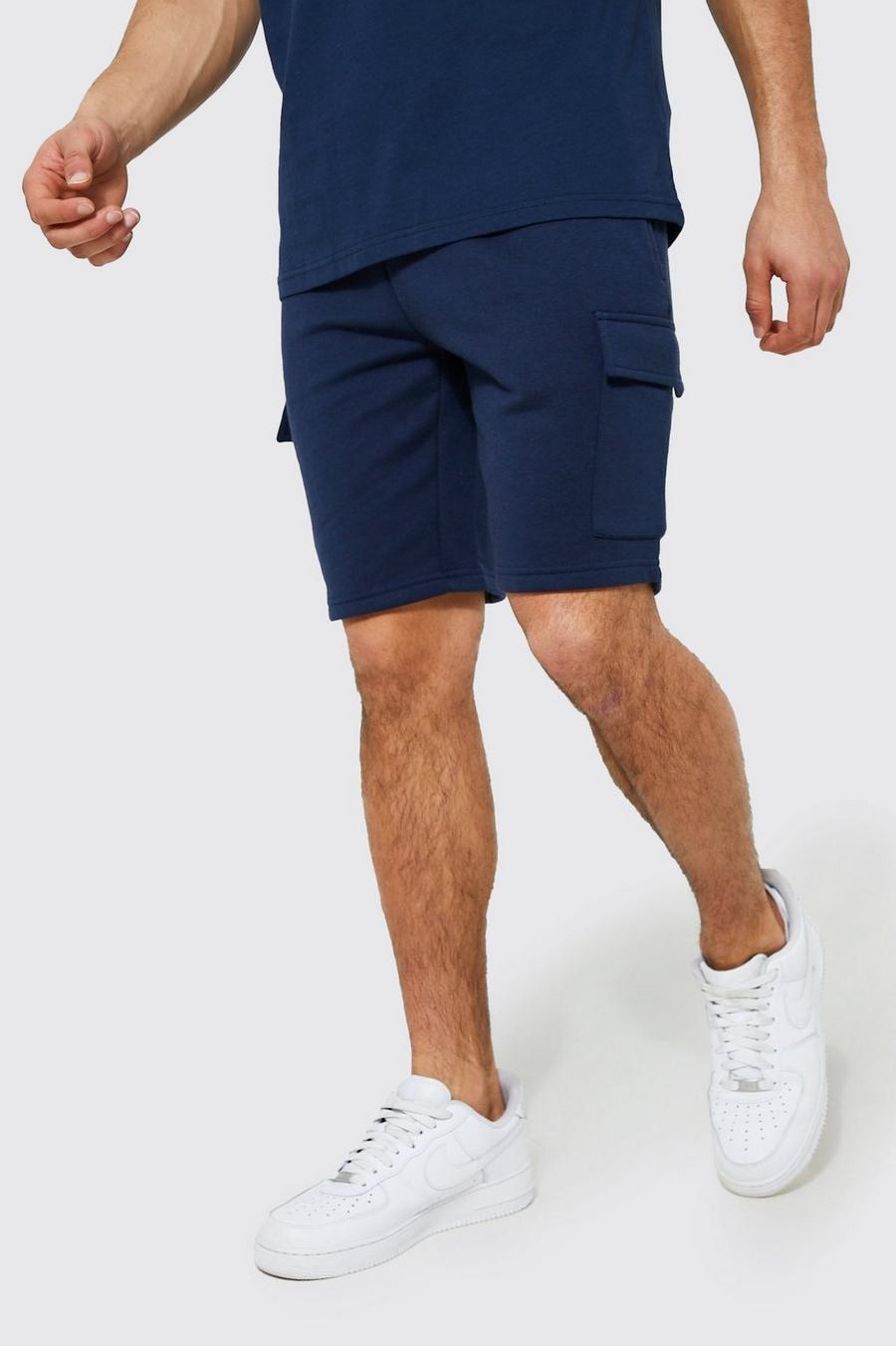 Navy Slim Mid Cargo Jersey Short With Reel Cotton