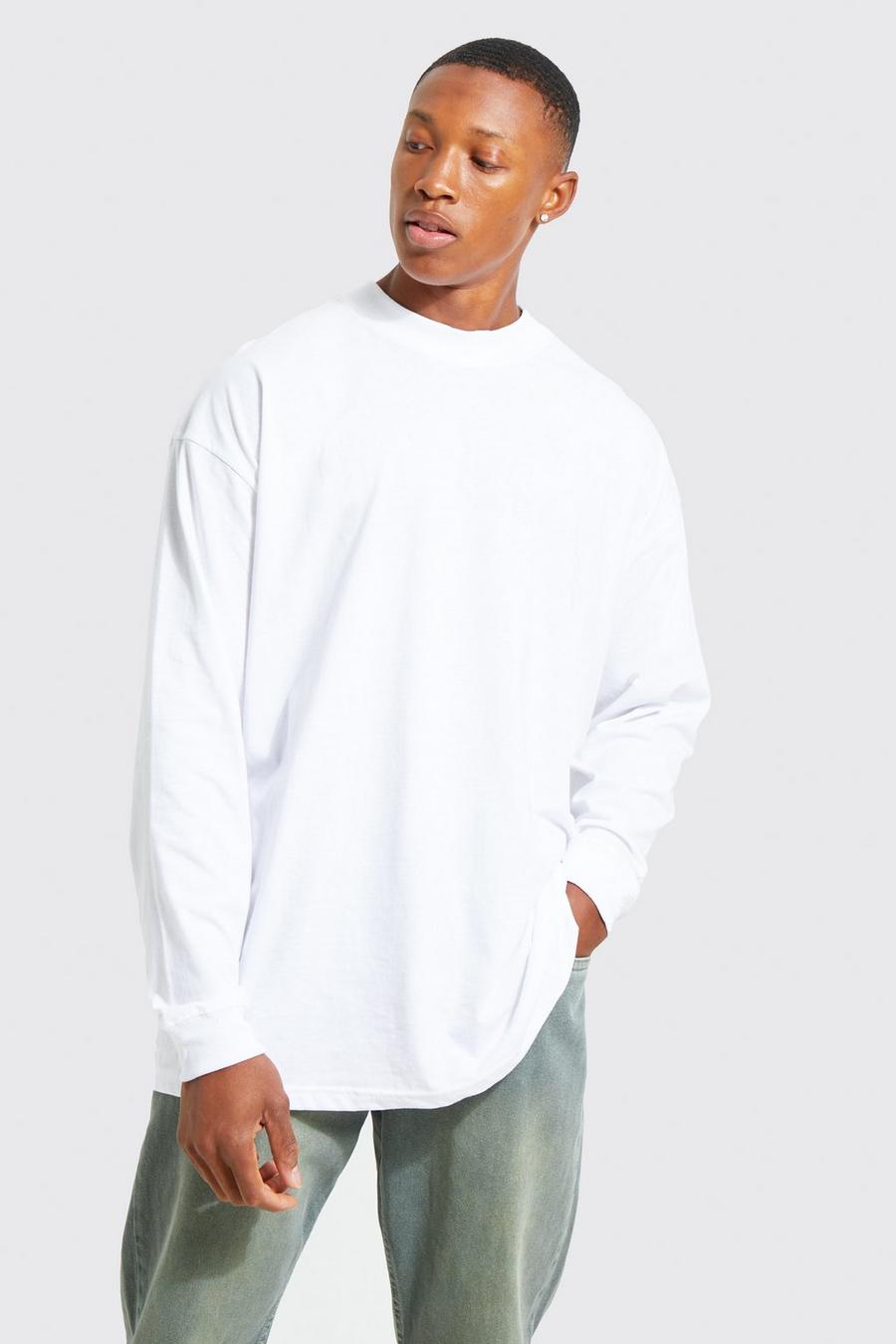 T-shirt a maniche lunghe oversize in cotone REEL con girocollo esteso e polsini a coste, White blanco