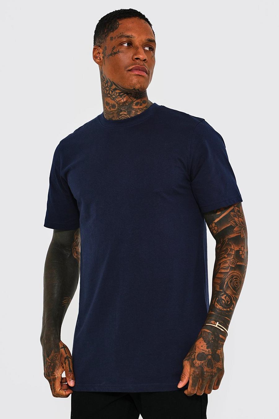 Navy marinblå Longline Crew Neck T-shirt with REEL Cotton
