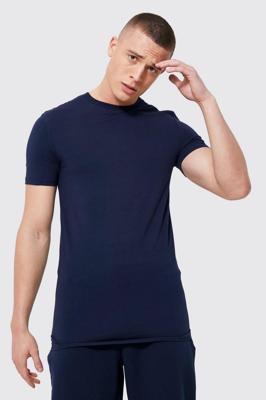 Navy Long Line Muscle Fit T-Shirt Met Reel Katoen image number 1