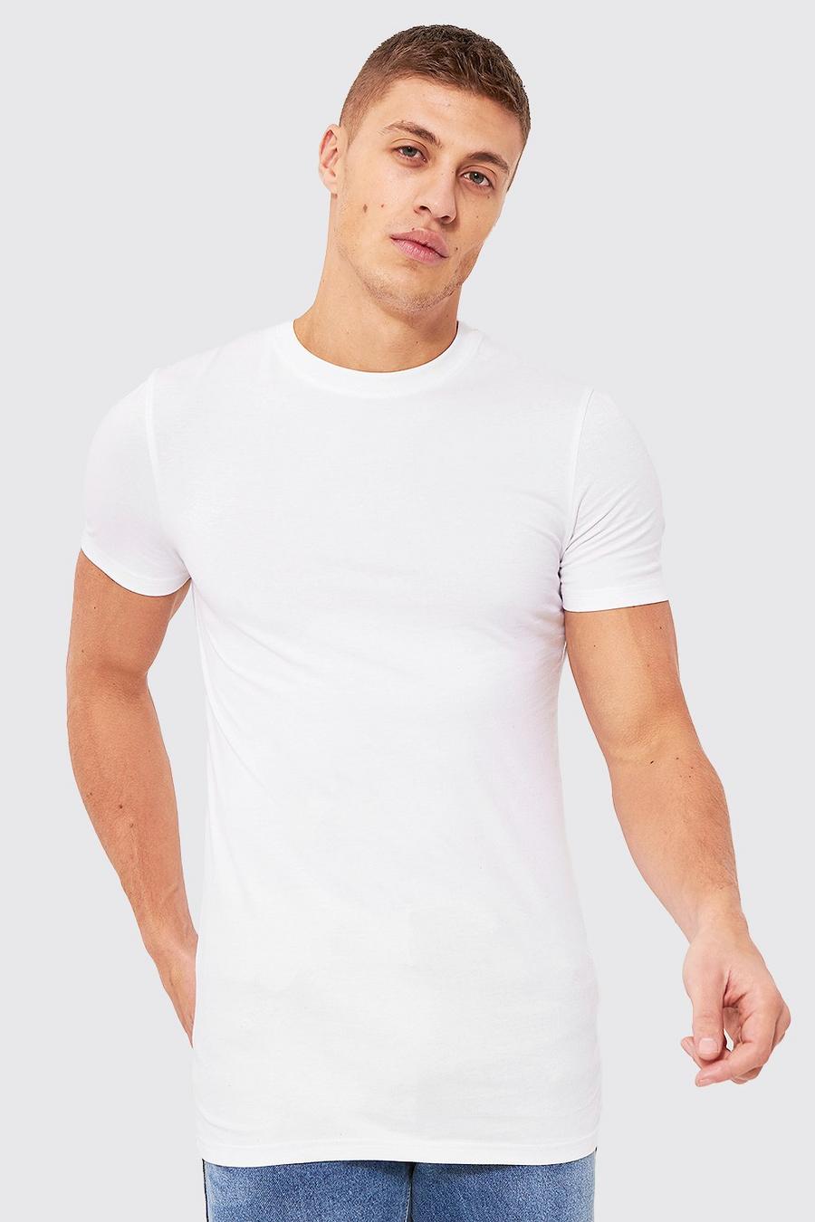 White Long Line Muscle Fit T-Shirt Met Reel Katoen image number 1