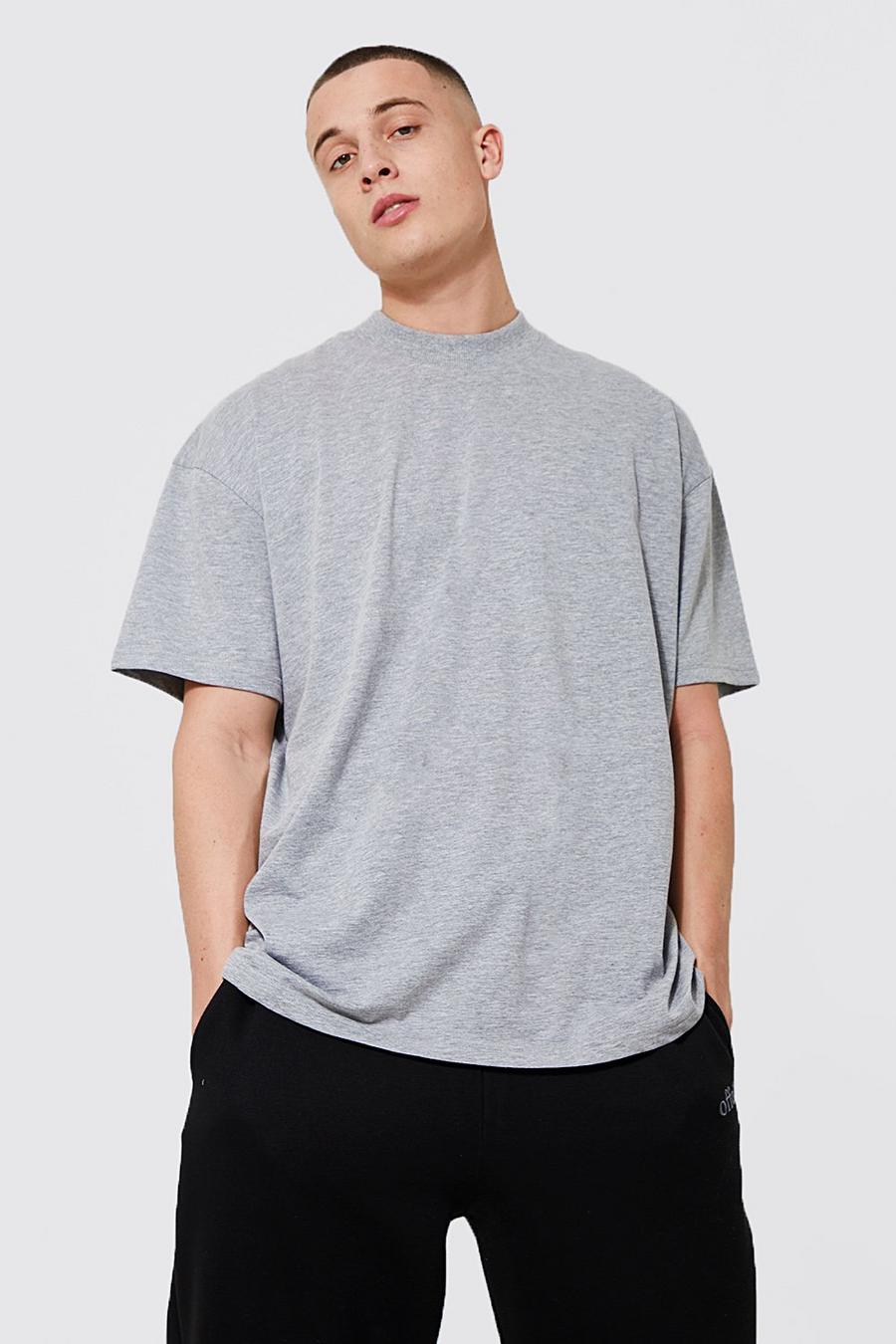 T-shirt oversize in cotone REEL con girocollo esteso, Grey marl grigio