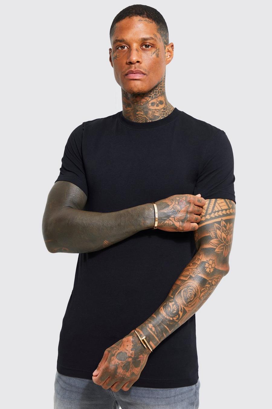 Camiseta ajustada al músculo con cuello caja y algodón ecológico, Black negro