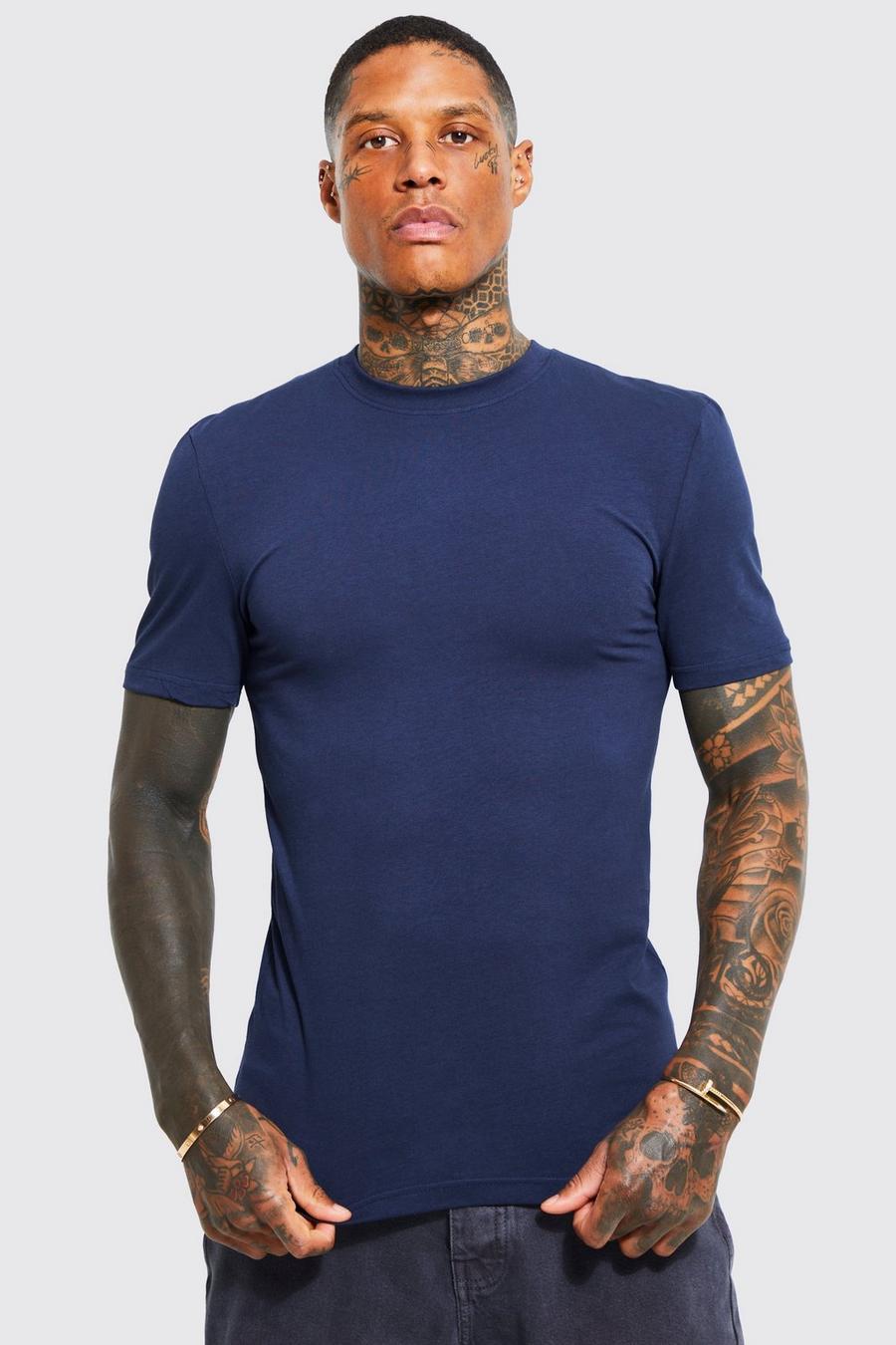 Camiseta ajustada al músculo con cuello caja y algodón ecológico, Navy blu oltremare