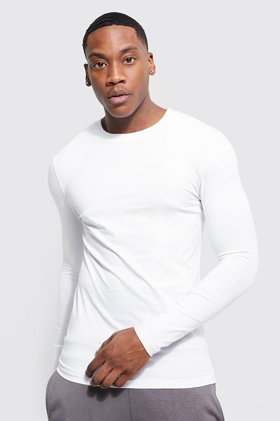 White Muscle Fit T-Shirt Met Lange Mouwen Met Reel Katoen image number 1
